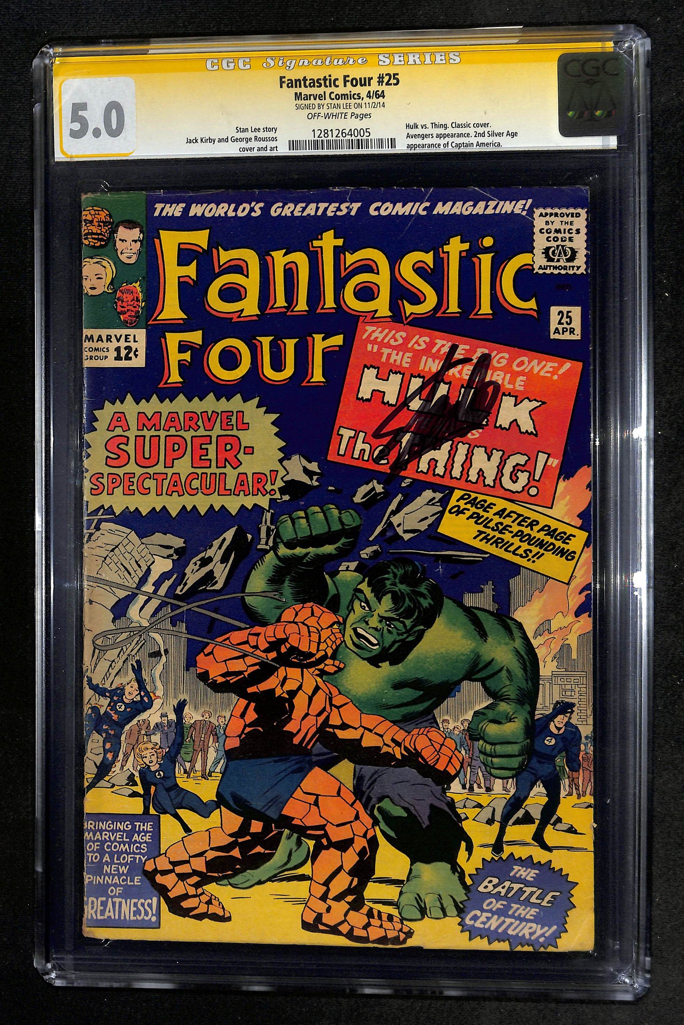 Fantastic Four #25 CGC 5.0 Signature Series Stan Lee Hulk Vs Thing Cover