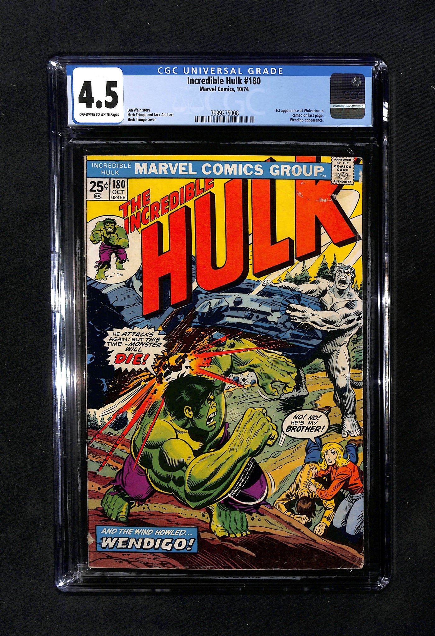 Incredible Hulk #180 CGC 4.5 1st Appearance of Wolverine in Cameo